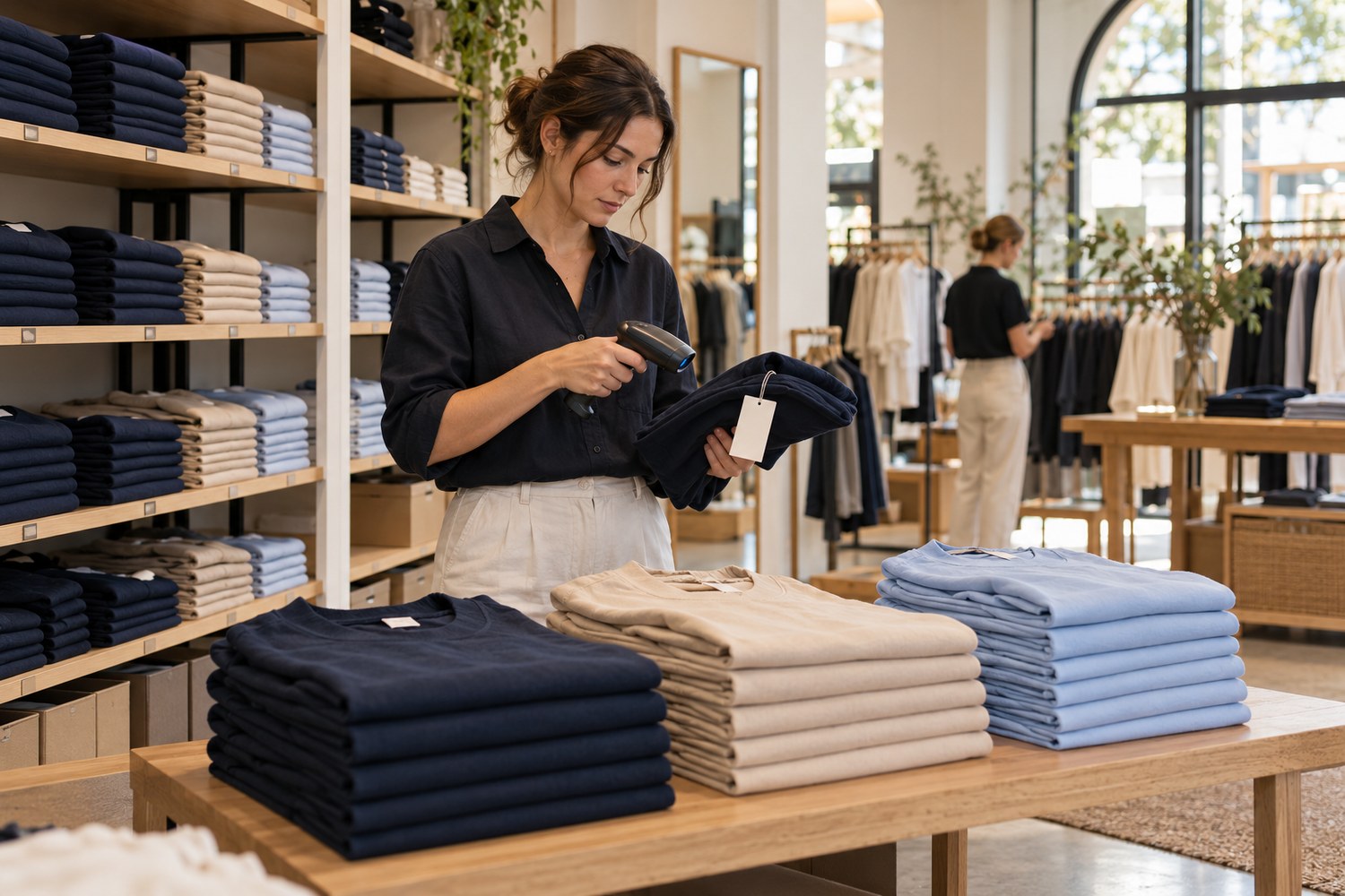 Illustrative apparel stockroom: a team member scans a garment beside folded shirts in navy, sand and pale blue