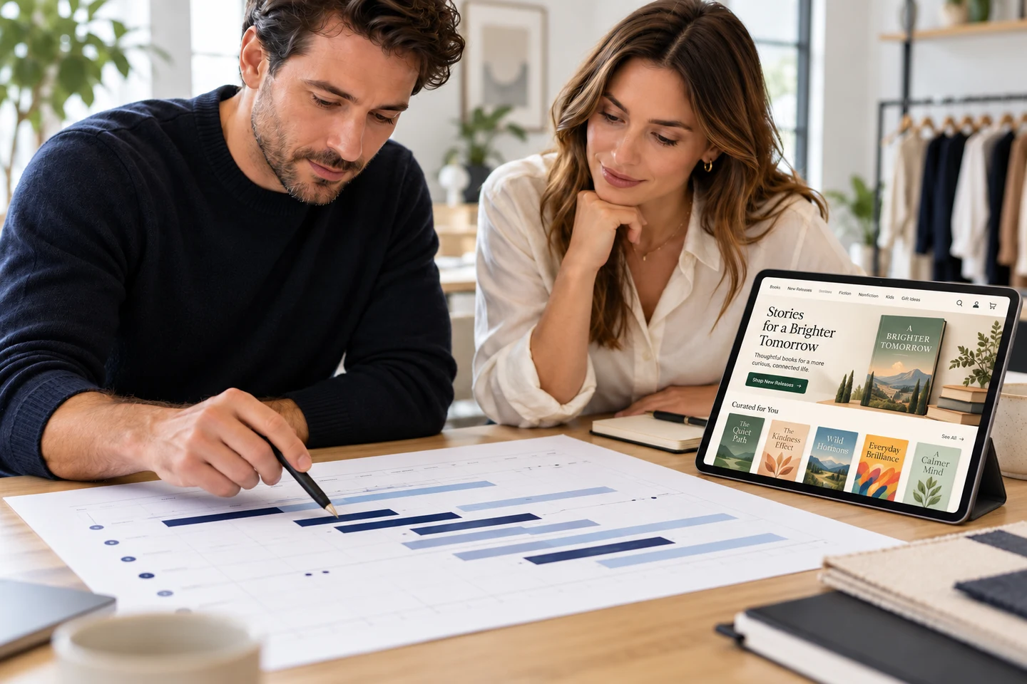 Illustrative delivery planning with a modern online bookstore on a tablet.