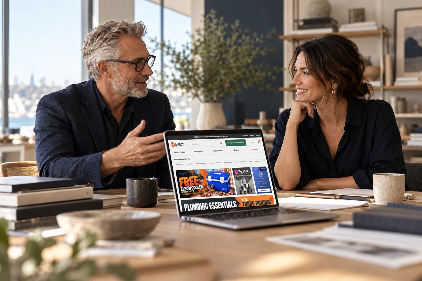 Illustrative commerce conversation with the Direct Wholesale homepage on a laptop.