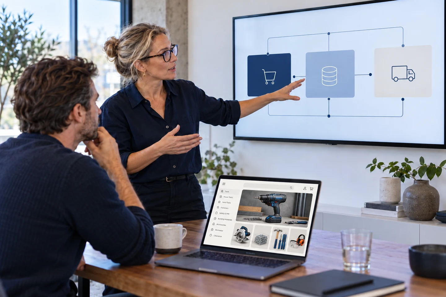 Illustrative architecture review with a hardware eCommerce storefront on a laptop.