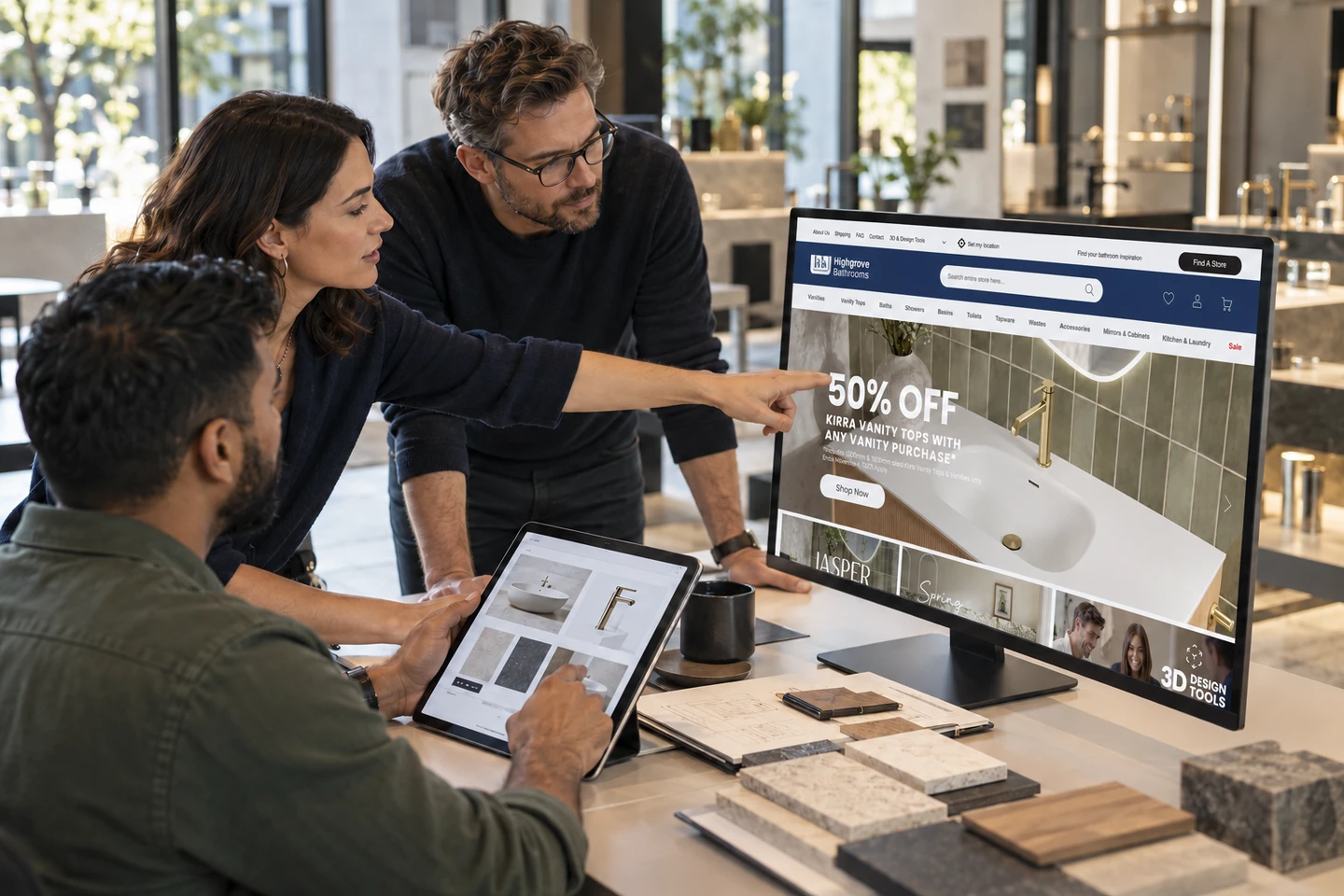 Illustrative delivery team reviewing the Highgrove Bathrooms homepage on a desktop monitor.