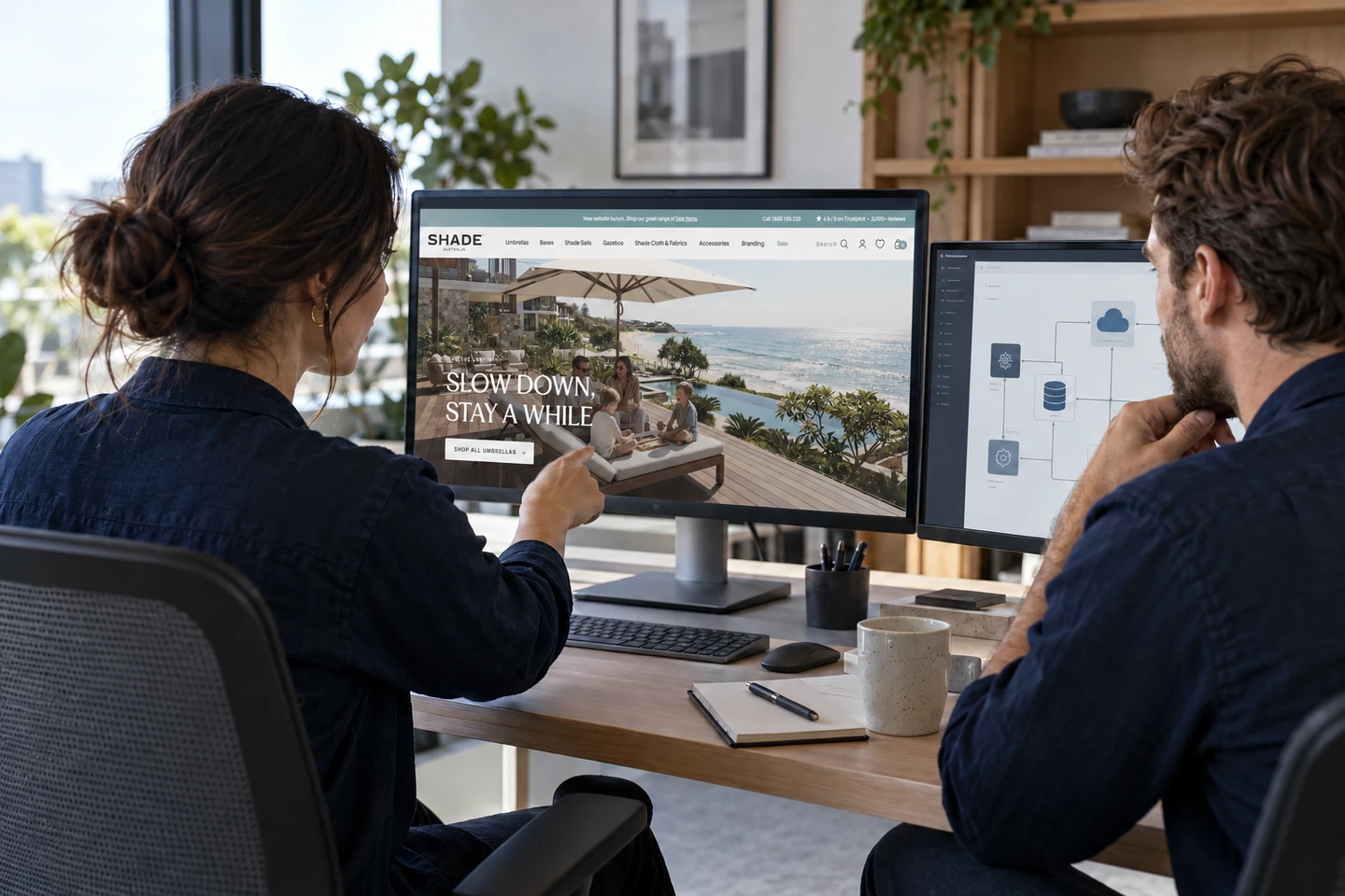 Illustrative developers reviewing the Shade Australia homepage and an integration diagram.