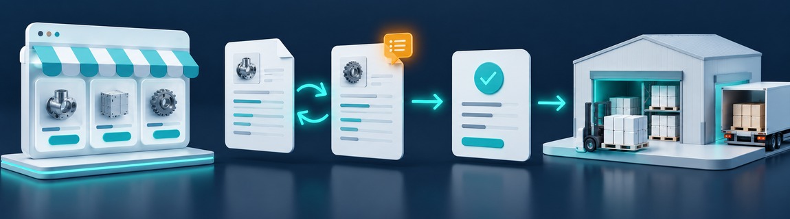 Illustration of a storefront, quote negotiation and accepted order moving to a warehouse