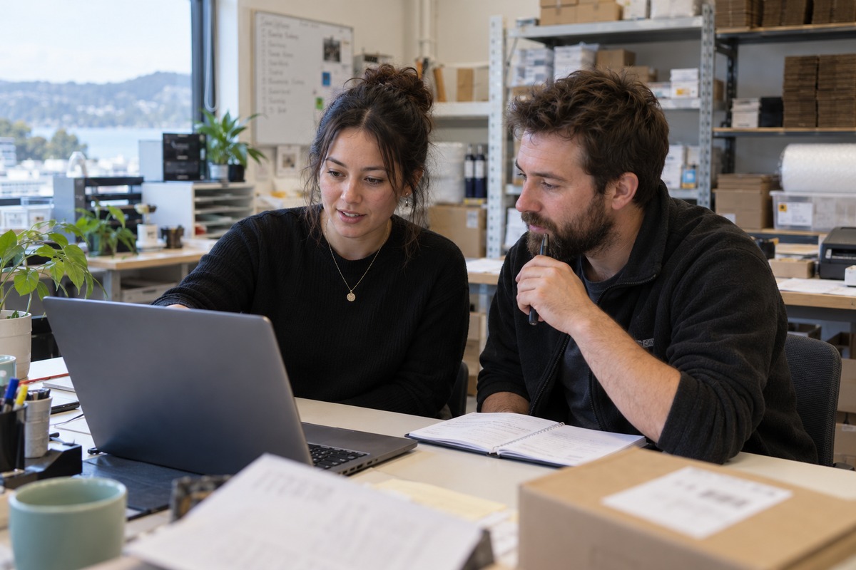 Retail administrator learning an ecommerce process with a technical colleague
