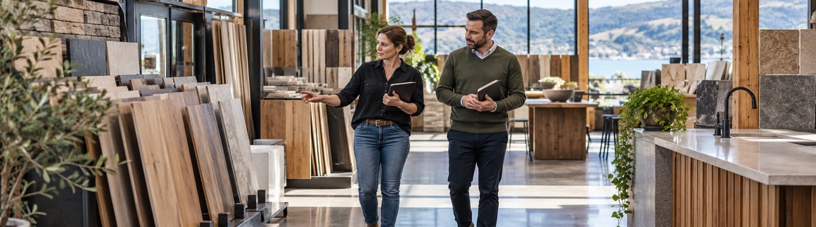 Retailer and ecommerce adviser discussing product displays in a trade showroom