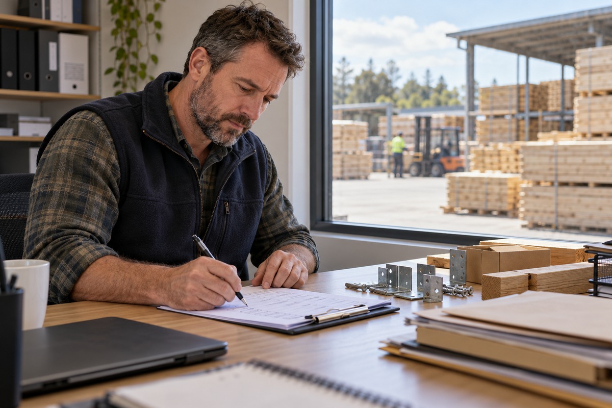 Operations manager marking a checklist beside hardware samples in a timber yard office