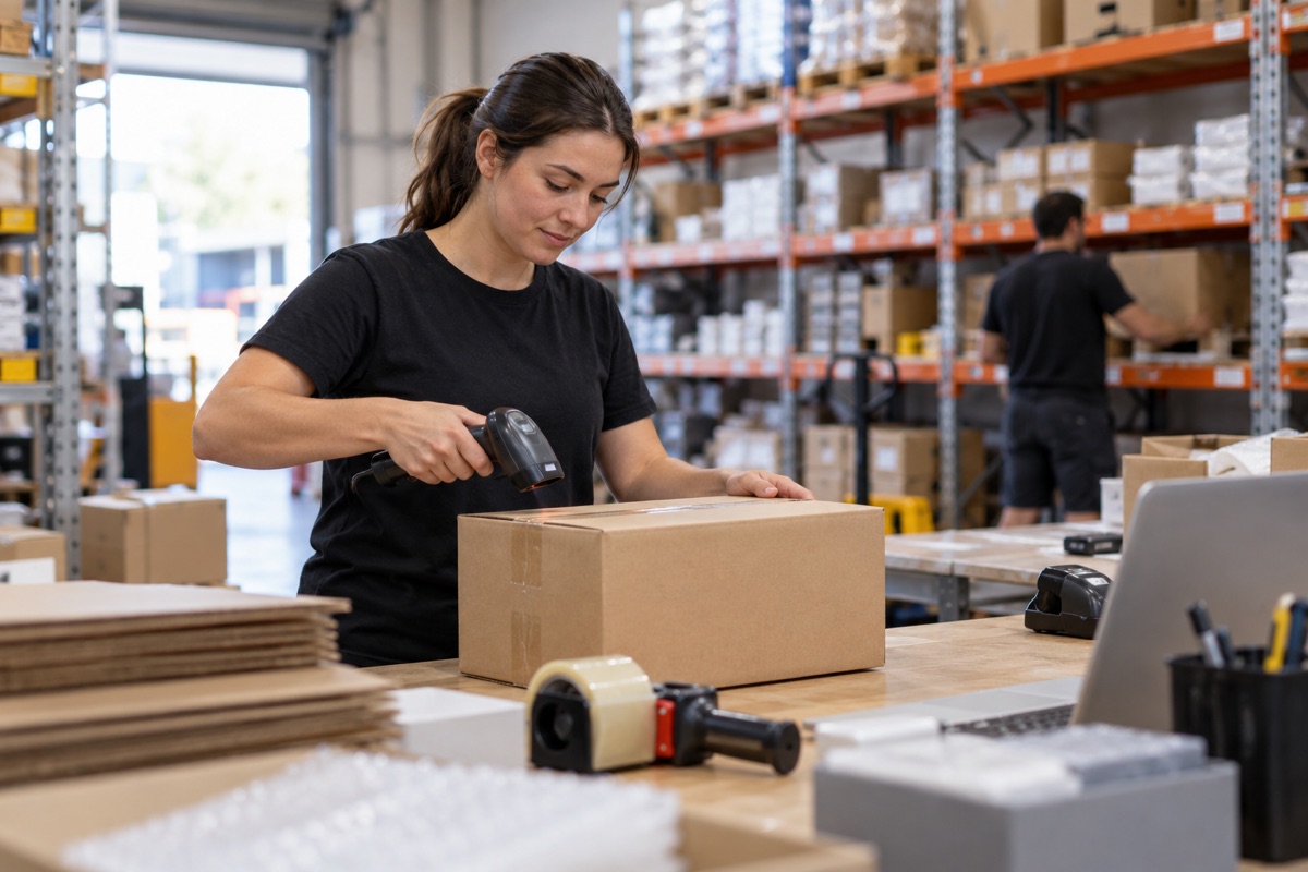 Warehouse worker scanning a parcel at an organised packing station