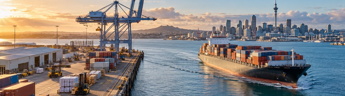 Container ship leaving a coastal port with a city skyline in the distance
