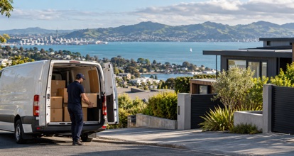 Delivery van overlooking a harbour in a New Zealand neighbourhood
