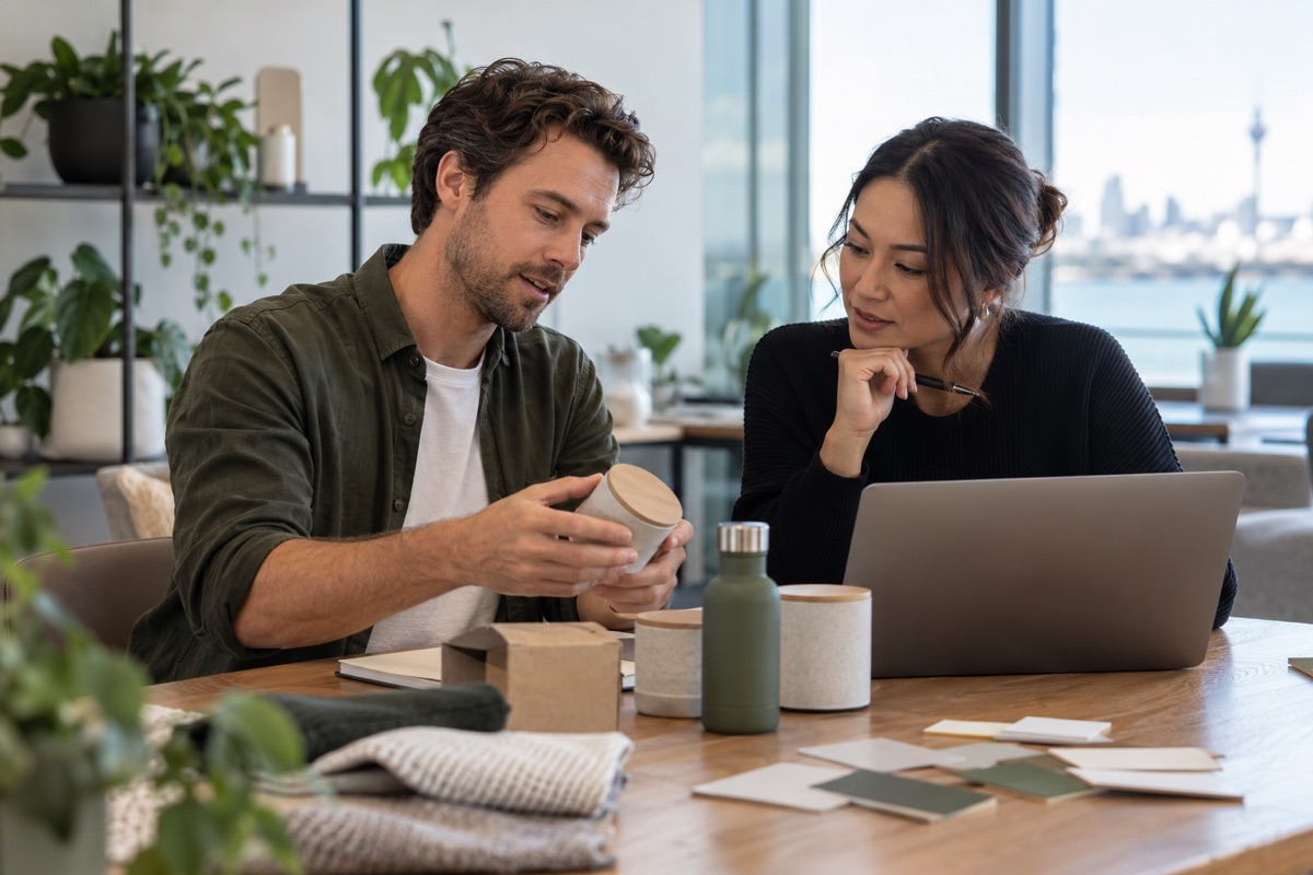 Two commerce professionals reviewing product samples beside a laptop