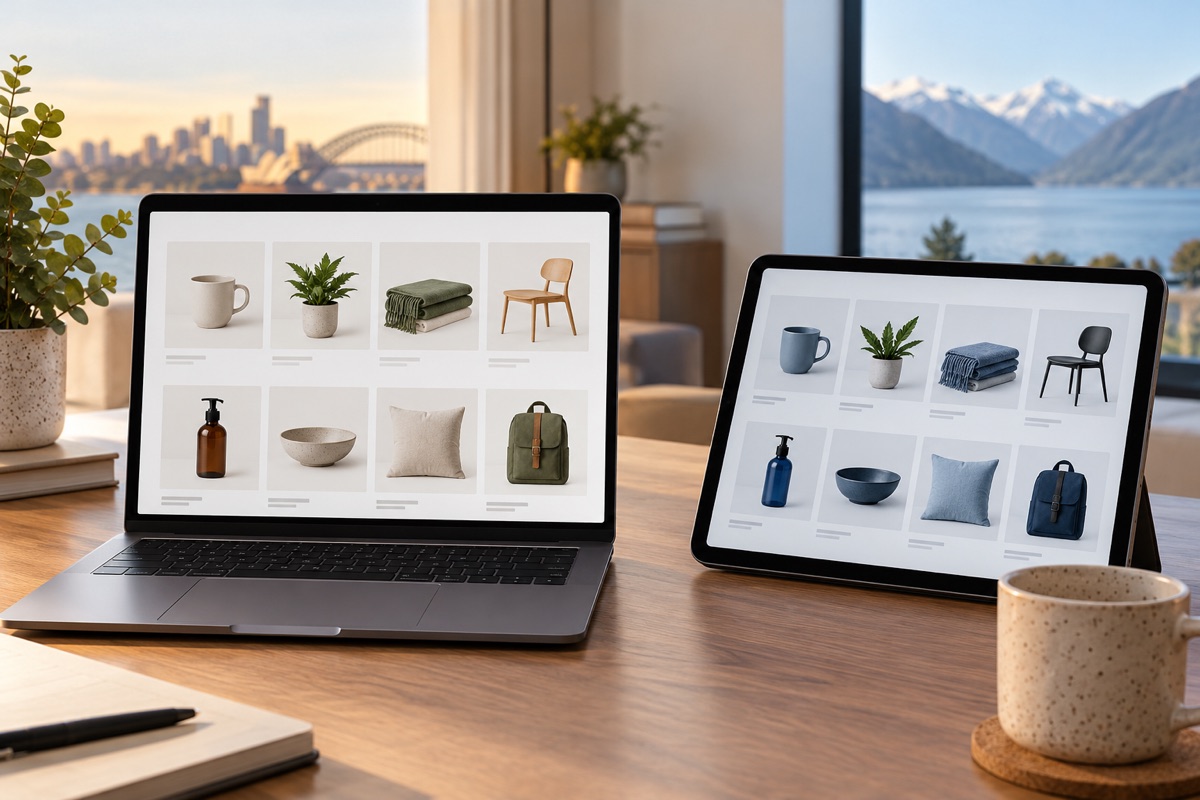 Laptop and tablet displaying different product selections for regional storefronts