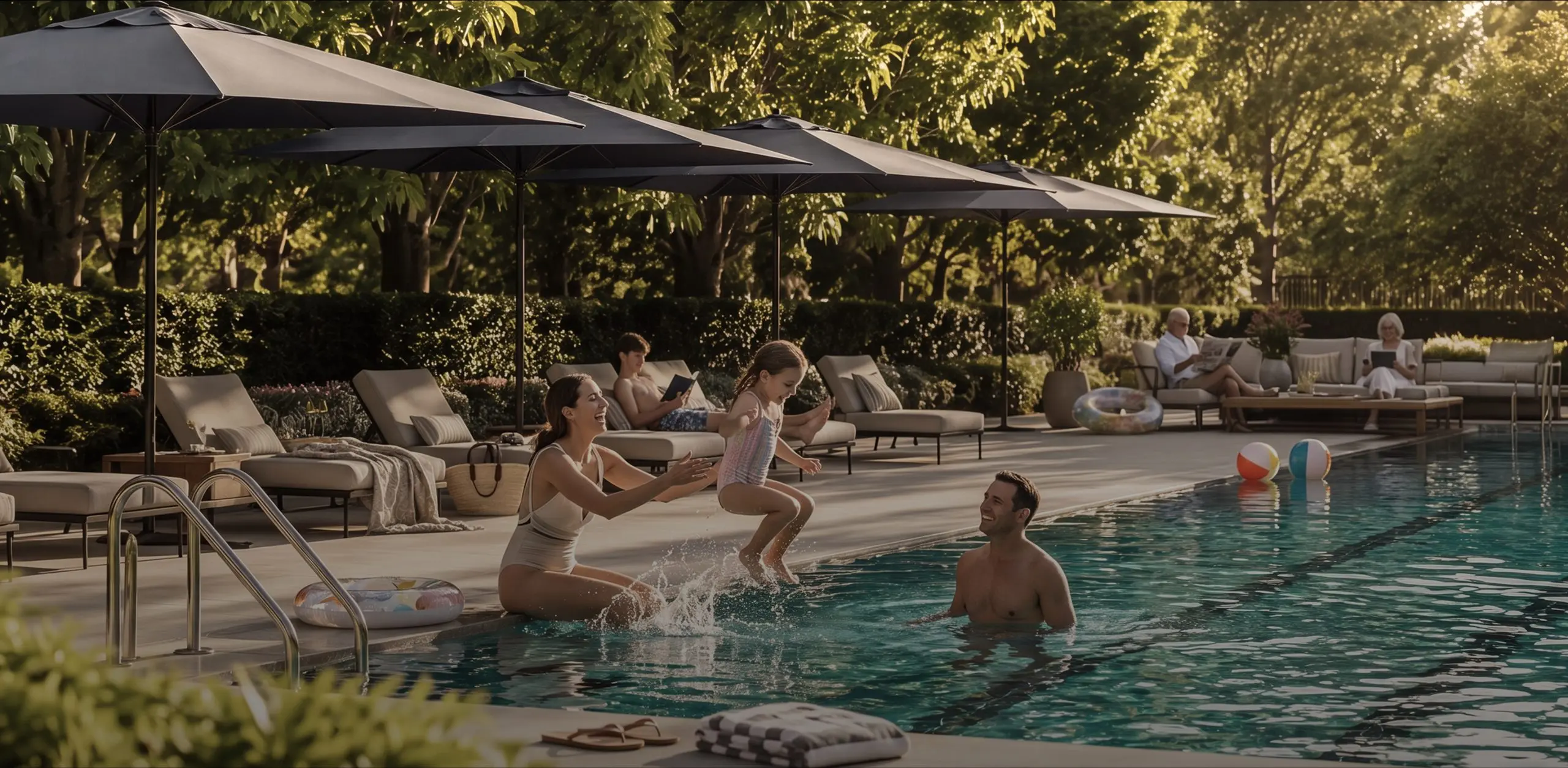 Outdoor umbrellas around a poolside setting