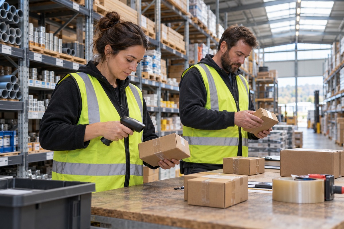 Warehouse team checking cartons with a barcode scanner at a packing bench