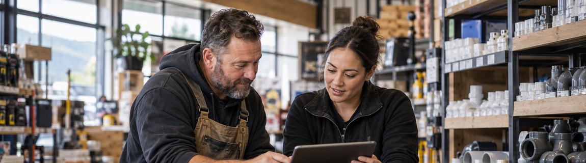 Trade retailer and account manager reviewing a tablet at a hardware showroom counter