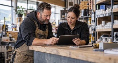 Trade retailer reviewing a tablet with an account manager beside hardware supplies