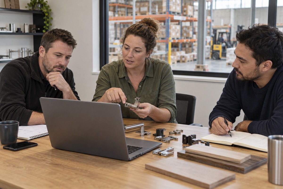 Retail operations team discussing an implementation plan with sample trade products