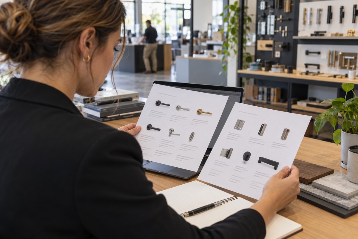 Account manager comparing printed product assortments at a trade retailer’s desk